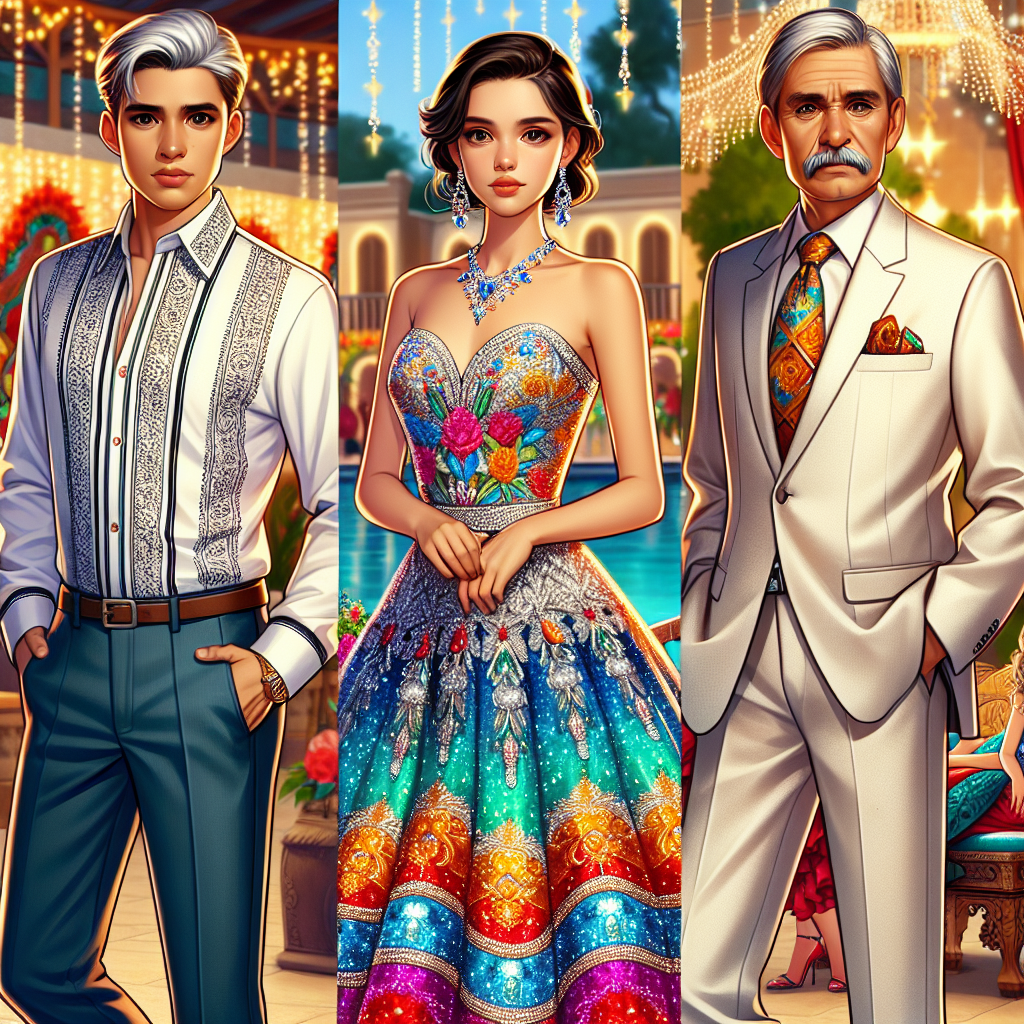 Quinceañera Guest Guide: Stunning, Effortless Outfits Create an image for an article on a Quinceañera guest guide showcasing stunning and effortless outfits. The set should include varied options, featuring both traditional and contemporary styles. In the image, show three distinct figures: a middle-aged Hispanic man elegantly dressed in a guayabera shirt and slacks; a young Hispanic woman adorned in a dazzling, modern cocktail dress in bright colors; and an elderly Caucasian woman in a tasteful, classic dress suit. Make sure to highlight the unique elements of their outfits that make them perfect for a Quinceañera celebration. The background scene should represent a festive, well-decorated Quinceañera venue.