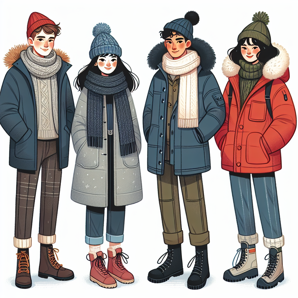 Illustration of a cold day at school, featuring four students of different genders and descents all dressed in warm, must-have essentials for winter. A Caucasian male is wearing a chunky knit scarf, frosty blue winter jacket and sturdy boots. An Asian female is wearing a burgundy woolen hat, thermal grey peacoat and insulated snow boots. A Black female is outfitted in a multicolored muffler, olive green faux fur lined parka and waterproof ankle boots. A Hispanic male is seen in a black beanie, bright red puffer jacket and fleece-lined hiking boots. They all have warm smiles, braving the cold together.