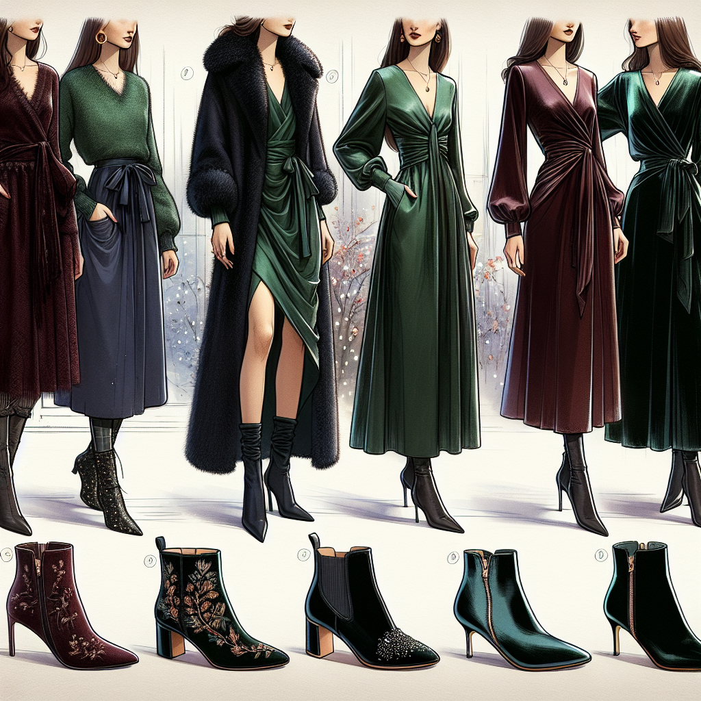 Imagine a detailed style guide for a winter fashion collection. This style guide focuses on a variety of midi dresses, each paired with the perfect winter shoe. The first dress, a Middle-Eastern woman is wearing a cozy burgundy midi dress with a black fur collar, paired elegantly with knee-high leather boots, that have tiny intricate designs. Now, imagine a South Asian woman, clad in an emerald satin midi dress with flowing long sleeves, matched with a pair of velvet ankle boots adorned with golden accents. Lastly, visualize a Caucasian woman in a rich navy velvet midi dress with a twist front feature, styled with a pair of shiny patent leather loafers with a sleek, modern design. The background of the image is soft winter lighting that highlights the dresses and shoes.
