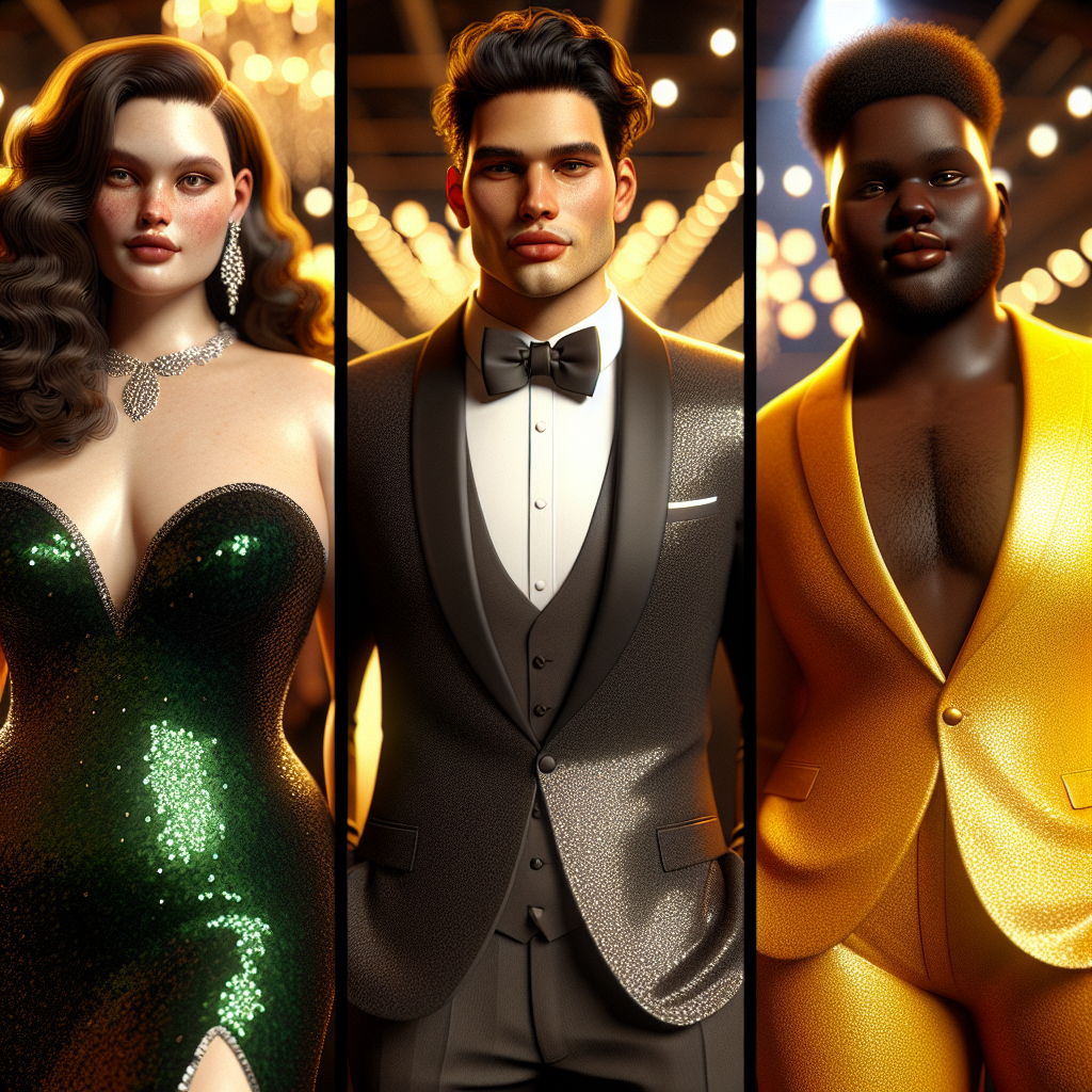 Stunning Plus-Size Gala Outfits: Shine Bright! Visualize a glamorous gala scene featuring three plus-size individuals of different descents. The first individual, a Caucasian woman, is wearing an elegant sequin gown in emerald green, her hair styled in soft curls. The second individual, a Hispanic man, is in a smart, charcoal-grey tuxedo with a bow tie. The final individual, a Black non-binary person, is adorned in a radiating sunflower yellow pantsuit. All are immersively encapsulated by the warm and vibrant lighting of the grand venue, making them shine bright. The atmosphere ripples with charm, elegance and diversity.
