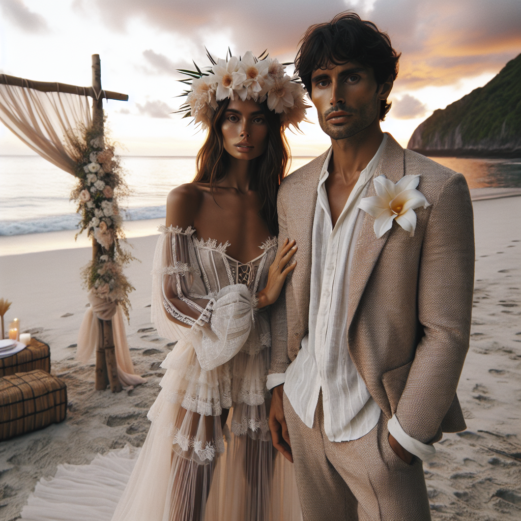 Picture a serene beach at sunset, with the sky hued in soft oranges and pinks. There's a beautiful wedding setup with a rustic bamboo arch adorned with delicate white flowers and billowy chiffon. Focus on two individuals, a man and a woman, dressed for the occasion. The woman, of Hispanic descent, wears a bohemian-inspired wedding dress with delicate lace details and an effortlessly chic flower crown. The man, of South Asian descent, is clad in a lightweight suit in soft beige, with a crisp white shirt, no tie, holding a straw hat. Both barefoot, their attire reflects the perfect combination of casual elegance and tropical glamour.