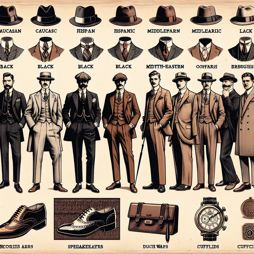Stunning Speakeasy Styles: Effortless Guide for Men A sophisticated and detailed image approximately set around the Prohibition era US, showcasing a style guide for men associated with speakeasy bars. Depict an interesting mix between opulence and rebellion with men of various descents such as Caucasian, Hispanic, Black, Middle-Eastern, and South Asian, all clad in the classic attire. Include men with well-tailored suits, pocket squares, and brogues or oxfords as footwear. Lastly incorporate accents of fedoras or flat caps, and vintage watches or cufflinks to display the subtle refinement of speakeasy culture.