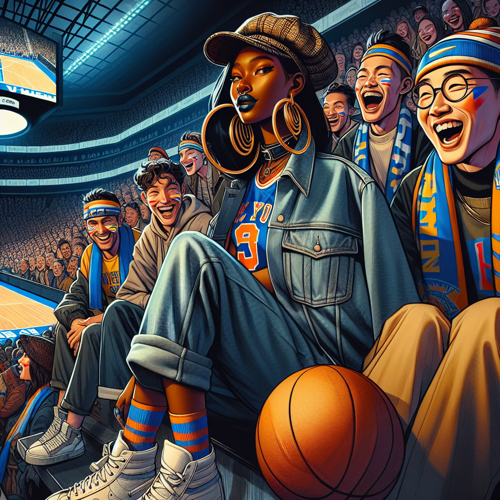 A fashion-forward visual description of attendees at a basketball game. An African-American woman in a stylish denim jacket, oversized hoop earrings, and a team jersey. She's sharing a laugh with her South Asian sidekick decked out in a laid-back look, with a vintage cap and cool sneakers. A group of animated Caucasian spectators in matching team scarves and vibrant face paint surround them, displaying their exuberance. The arena buzzes with vibrant energy, the court in the background lit under the spotlight. A fusion of sports and style, celebrating diversity and spirit.