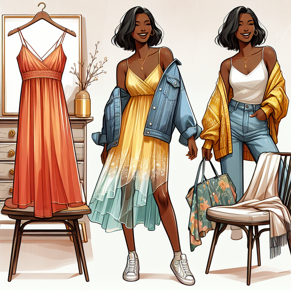Must-Have Layers for Spaghetti Strap Dresses A fashion-themed depiction showcasing three spaghetti strap dresses in bright summer colours: one draped on a hanger, one casually strewn across a chic, rustic wooden chair, and one worn by a Black woman smiling confidently. Each dress is complimented by must-have layers: a light denim jacket, a printed chiffon kimono, and a cozy oversized sweater. Background elements should include soft pastel walls and minimalistic gold accessories.
