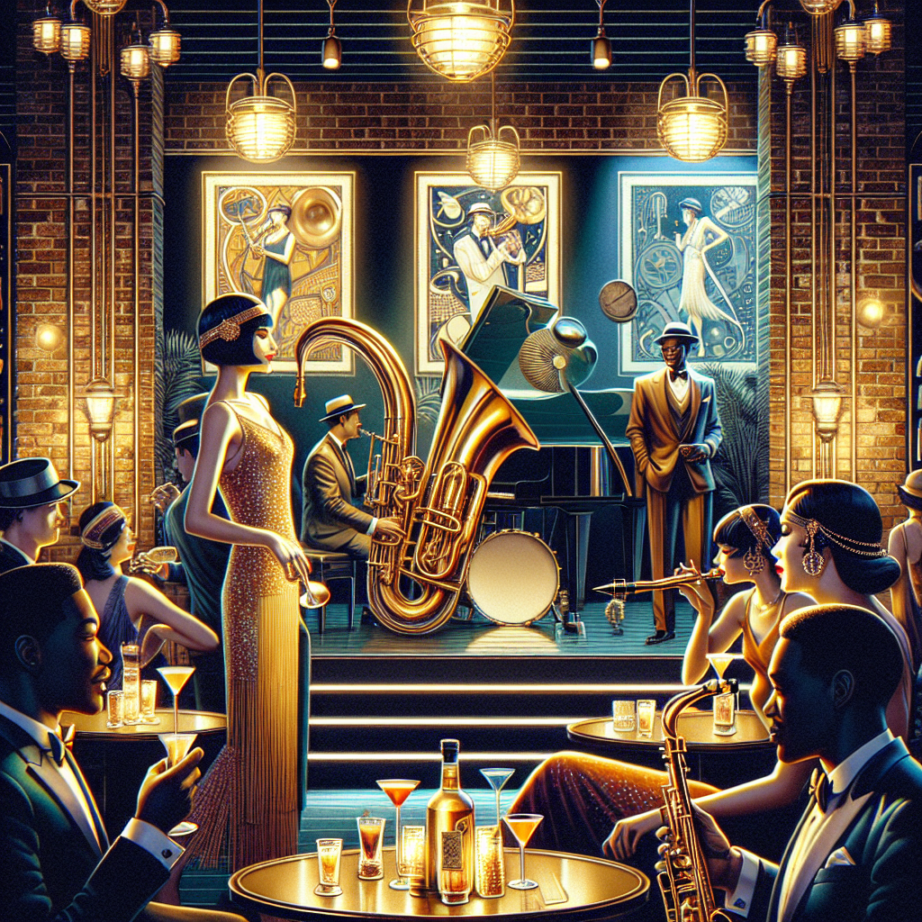Envision a vibrant jazz club scene filled with fashionable items and must-haves. The central image is a lit-up stage with a gleaming brass saxophone, a shining black piano, and an elegant microphone stand. Around the club, stylish patrons sip from sleek cocktail glasses, draped in glamorous attire, including a flapper dress on a South Asian woman and a tailored suit on a black man. Art Nouveau posters adorn the brick walls, and dim vintage lighting hangs from the ceiling, casting soft shadows. The atmosphere is filled with an air of sophistication, embodying the captivating spirit of jazz.