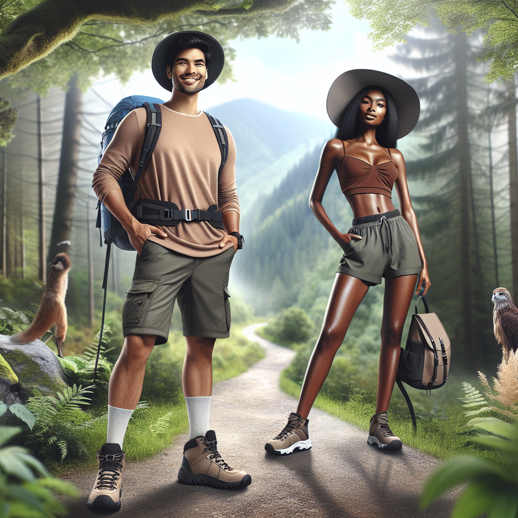 Stunning Summer Hike Wear: Effortless & Chic Imagine a picturesque forest trail on a summer day. In the foreground, depict a South Asian man with a medium build wearing trendy, breathable hiking gear - think lightweight t-shirts, cargo shorts, hiking boots, and a sleek backpack. A short distance behind him, illustrate a Black woman, athletically built, in an effortlessly chic ensemble suitable for a summer hike: a sun hat, a fitted tank top, comfortable shorts, hiking shoes, and a stylish tote bag. They are both smiling, soaking in the nature around them. The background is lush and inviting, embodying the essence of summer.