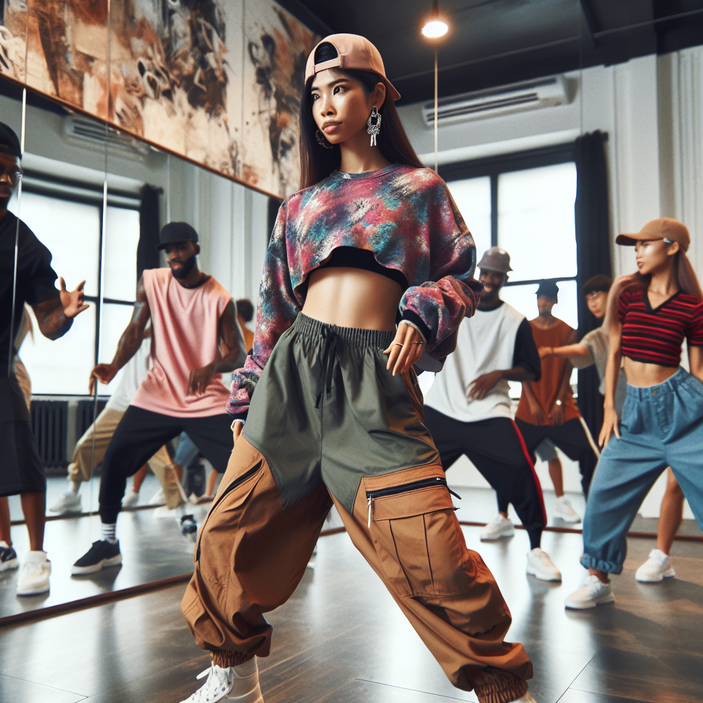 Must-Have Styles for Hip Hop Class: Unleash Confidence An enthusiastic South Asian female in trendy street style clothing, practicing a complex hip hop routine in a brightly lit urban dance studio. Her outfit consists of baggy sweatpants, a colorful crop top, and a backward-facing baseball cap. In the background, a black male instructor is explaining the moves to a diverse group of attentive students. Mirrors along one wall reflect the scene, amplifying the sense of movement and energy. The atmosphere is positive and empowering, encouraging self-expression and confidence through dance.