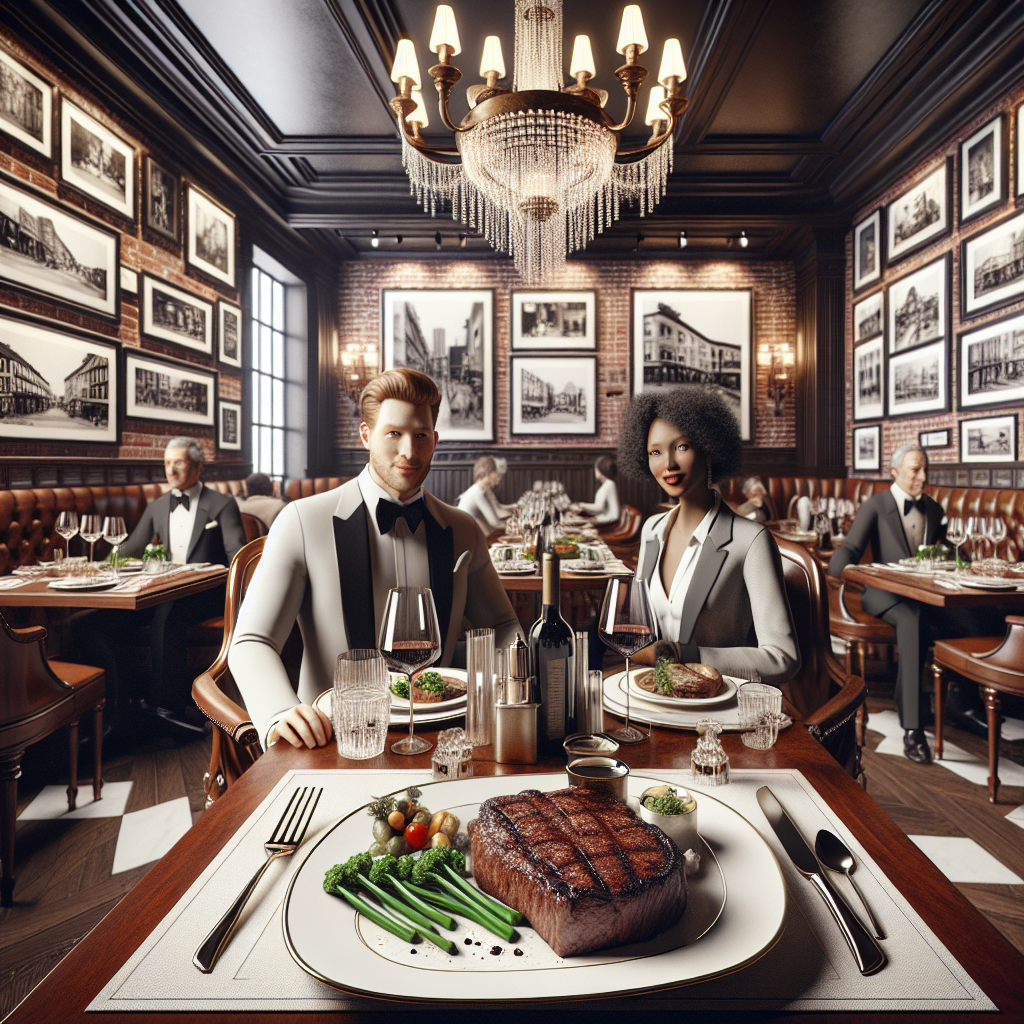 Steakhouse Style Guide: Must-Have Looks for Elegant Dining A visual guide to embodying the essence of an upscale steakhouse environment. The interior features rich polished mahogany tables set for elegant dining, with sophisticated white dinner plates, silverware, and crystal wine glasses. The room is softly lit with vintage chandeliers, casting a warm glow over framed black and white photos on the brick walls. In the center of the image, a medium-rare steak, complemented with grilled vegetables on the side, sits atop one of the tables. Patrons, a Caucasian man and a Black woman, dressed in formal attire, are enjoying the ambience. But please, no specific artists' style or any modern art.