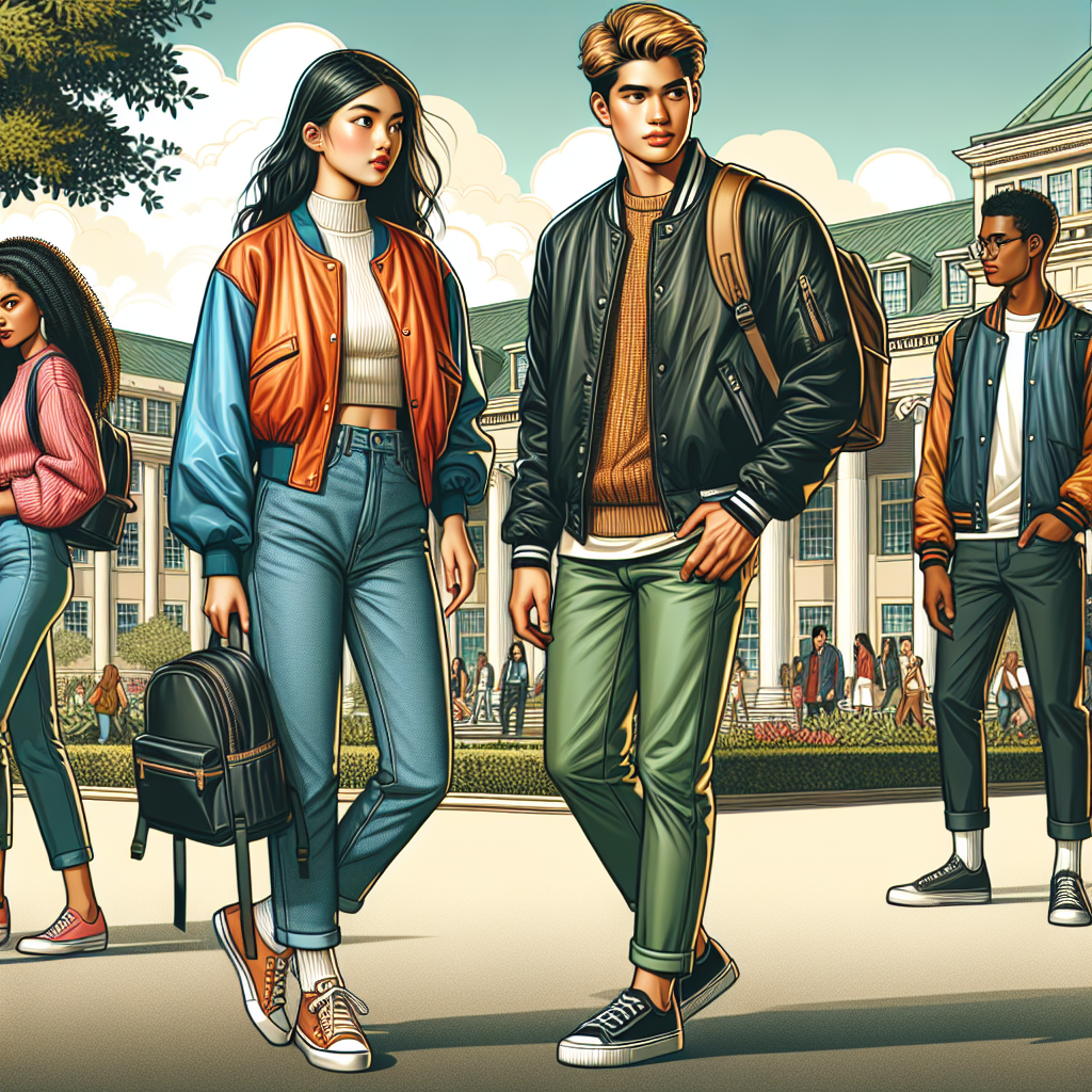 Must-Have Looks for College Visits with Bomber Jackets Depict a bustling college campus setting. In the foreground, a female college student of South Asian descent should be wearing a stylish bomber jacket in vibrant tones, paired with jeans and a backpack. Near the main building, an East-Asian male student sporting a cool black leather bomber jacket along with trendy sneakers should be seen. On the other side, a Black female student in a conversation with her Middle-Eastern friend. Both should be donning bomber jackets in different styles and colors. Everyone should appear relaxed and fashionable, emphasising the must-have look of bomber jackets for college visits.