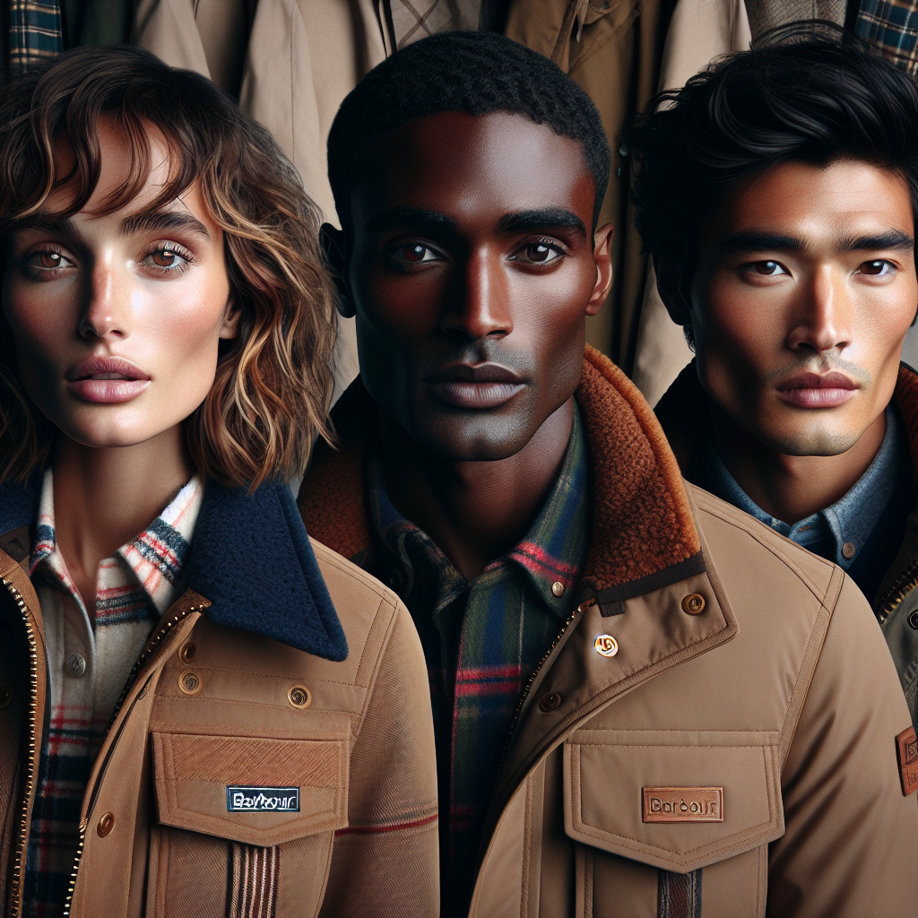 Must-Have Styles for Barbour Jackets: Chic & Effortless An image showcasing a variety of chic and effortless styles for Barbour jackets. The image should include three models showcasing the jackets. The first model is a Caucasian woman with wavy medium-length hair, exuding an air of effortless elegance. The second model is a Hispanic man with short hair looking confidently modern. The third model is an Asian man with long hair, showcasing a mix of classic and contemporary vibes. Please include details like Barbour's signature tartan lining, classic waxed cotton, and rugged durability.