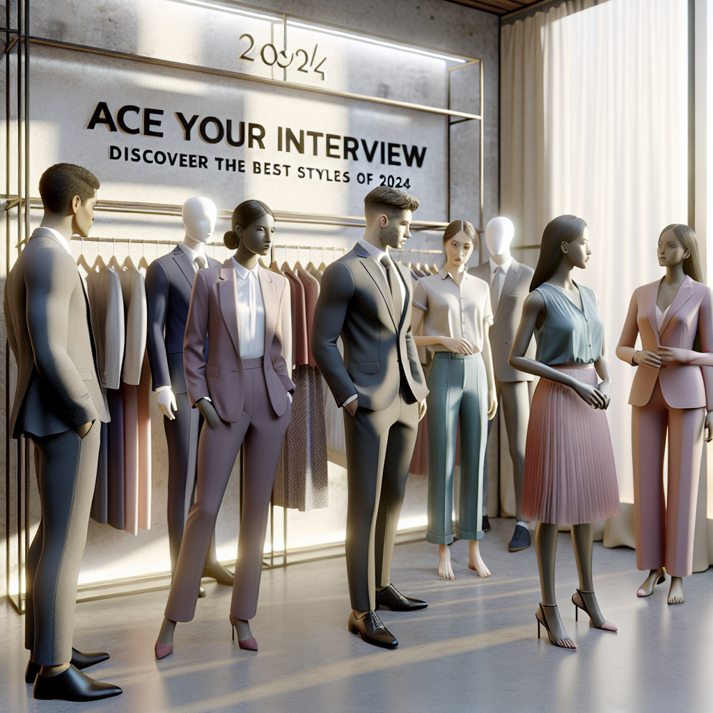 Ace Your Interview: Discover the Best 2024 Styles A visualization of a professional attire store in the future year 2024. Various suits, dresses, and business casual attire are displayed on mannequins. A multiracial group of customers, diverse in their gender, are present, exploring the collection. One man of hispanic descent admires a charcoal suit, while a South Asian woman contemplates a pastel blouse and skirt set. There is a large sign in the store's window that reads, 'Ace Your Interview: Discover the Best Styles of 2024'. Soft light pours in from the windows, casting gentle shadows over the displays.