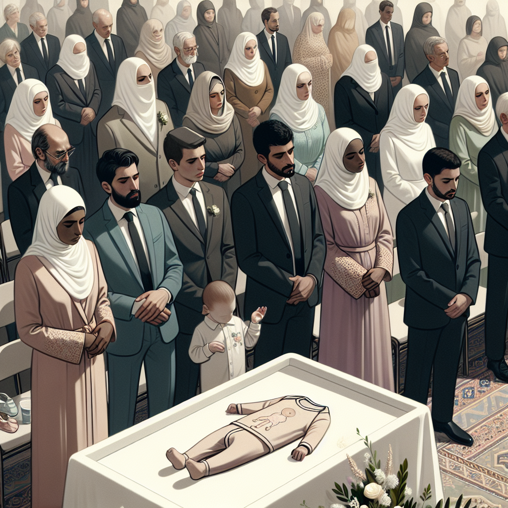 Depict a sorrowfully serene scene at a baby's funeral. Show compassionate attendees, men and women of varying descents like Hispanic, Black, Caucasian, and Middle-Eastern, all elegantly dressed in muted colors, purposefully adorned to show respect and mourning. In particular, imagine a poignant display of baby clothes, symbolizing the loss. These clothes should evoke simplicity and sophistication, with delicate designs in soft hues. An understated elegance should permeate the scene, emphasizing the gravity of the occasion while still demonstrating the beauty of unity in grief.