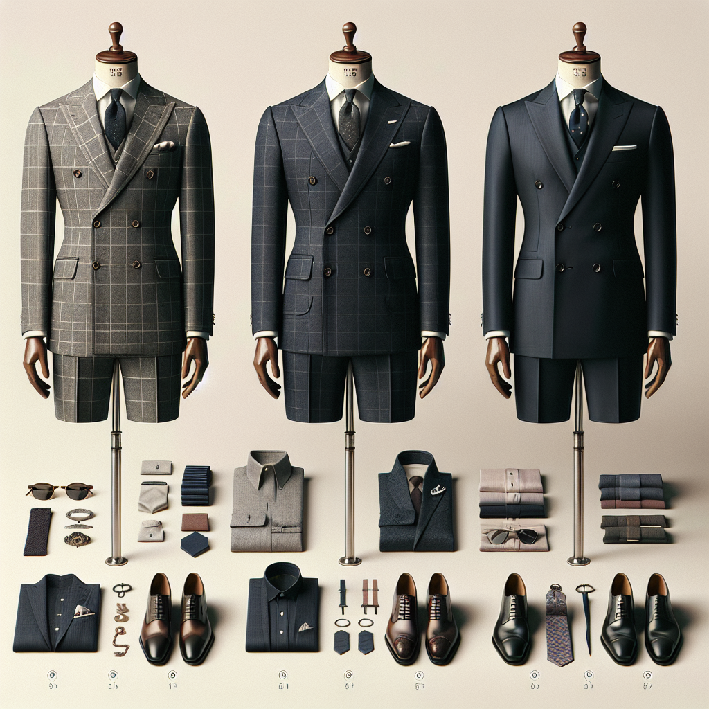 Conceptualize an image showcasing multiple suit fitting styles on mannequins. On the left, depict a mannequin donning a classic British style suit, characterized by its double-breasted blazer and structured shoulder. In the middle, portray a mannequin wearing an Italian style suit, with a single-breasted blazer and soft shoulders. On the right, show an American style suit, with a single-breasted blazer and a loose cut. Each suit should be of different colors - dark gray, navy blue, and black respectively. Around the mannequins, integrate some accessories like ties, pocket squares, and a variety of shoes.