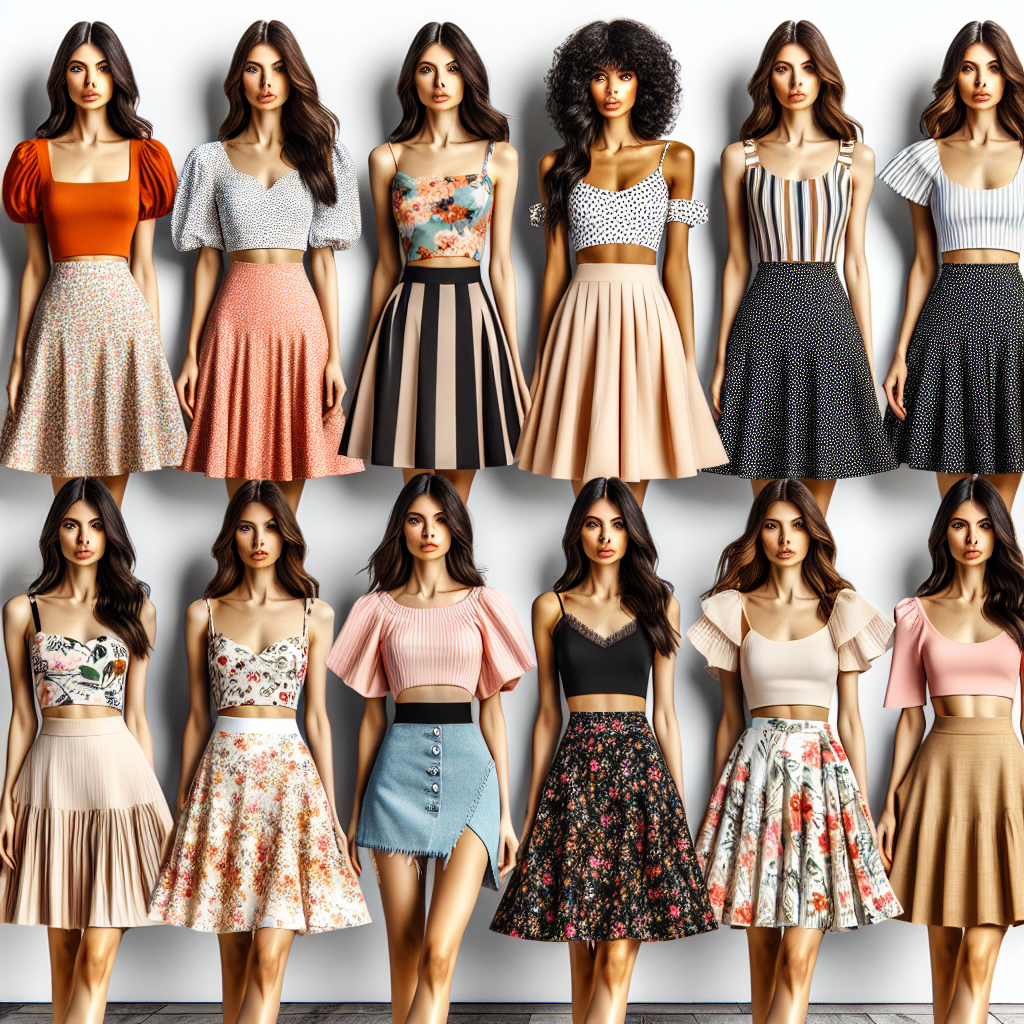 Showcase an array of stunning tops paired with A-line skirts ideal for various occasions. Display a mix of casual, semi-formal, and formal tops in different designs such as crop tops, blouses, peplum tops, and sleeveless tops. They could come in a variety of vibrant colors, patterns, and materials. Pair these tops with an equally diverse collection of A-line skirts. The skirts could be in bold solids, playful polka dots, or dainty florals in a range of lengths from mini to maxi. Include both flatlay and modelled styles. The models should represent a variety of descents including Caucasian, Hispanic, Black, Middle-Eastern, South Asian, and White women.