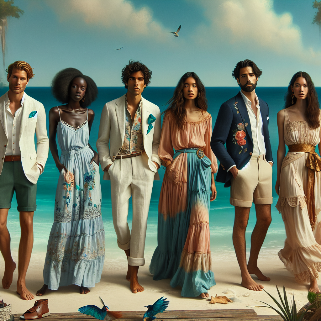 A diverse set of guests at a beach wedding, dressed in fabulous outfits suited for the occasion. The scene includes: A South Asian man wearing a white linen suit with a turquoise pocket square; a Black woman adorned in a flowing, floral sundress; a Hispanic woman in a bohemian-style, maxi dress; a Caucasian man dressed in a navy blue blazer over khaki shorts; and a Middle-Eastern woman in a soft pink silk garment with gold accents. The beach setting with a cerulean sea in the background brings out the Summer vibrancy in their clothing.