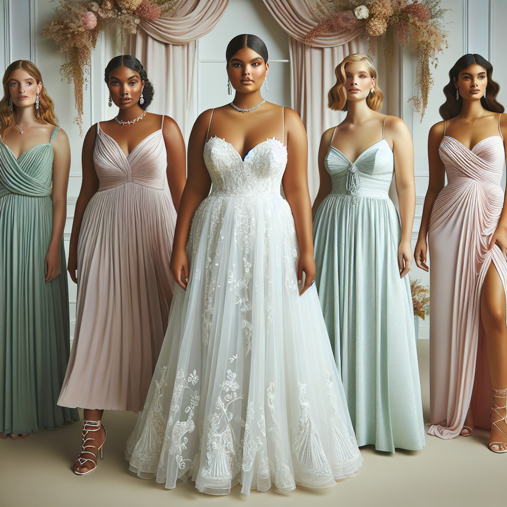 A display of plus-size wedding styles that emphasize comfort and elegance. At the center, a radiant plus-size bride, of Middle-Eastern descent, wearing a flowing white gown with intricate lace designs, tastefully embellishing her curves. On one side, a South Asian plus-size bridesmaid in a mint green A-line dress with chic drapery, adorning the bust and waist. On the other side, a Hispanic plus-size maid of honor showcasing a blush pink maxi dress with pinpoint ruching. Include various accessories such as hair vines and delicate jewelry. The background should encompass a classy wedding venue to complete the look.