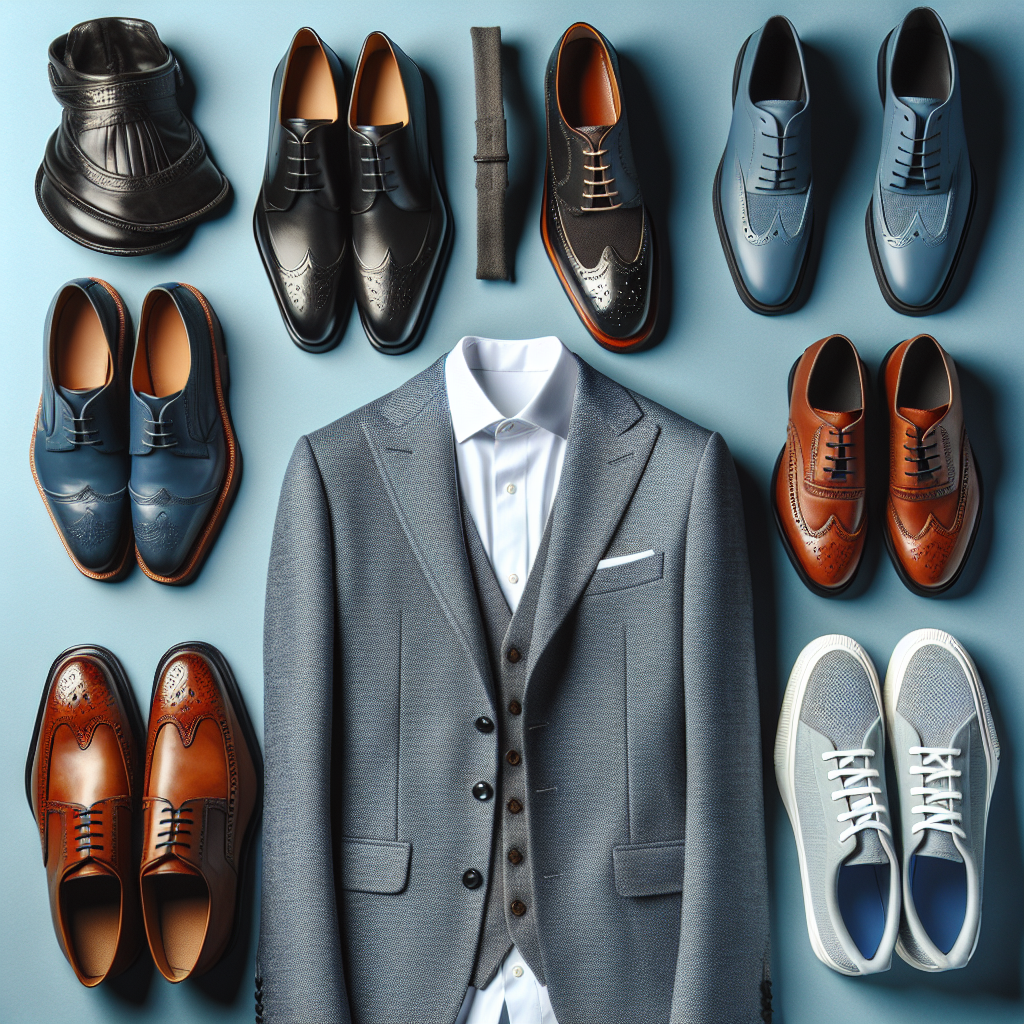 Display an array of high-fashion footwear laid out together, designed to go seamlessly with a stylish blue suit. The shoes present should diverse in style and cater to different tastes, including classic black leather loafers, sophisticated brogues, minimalist white sneakers, and sleek brown derby shoes. Make sure the suit is neatly laid out behind the shoes, with the jacket and trousers made of refined blue fabric. The image should exude easy sophistication and should be a true representation of today's diverse and inclusive fashion choices.