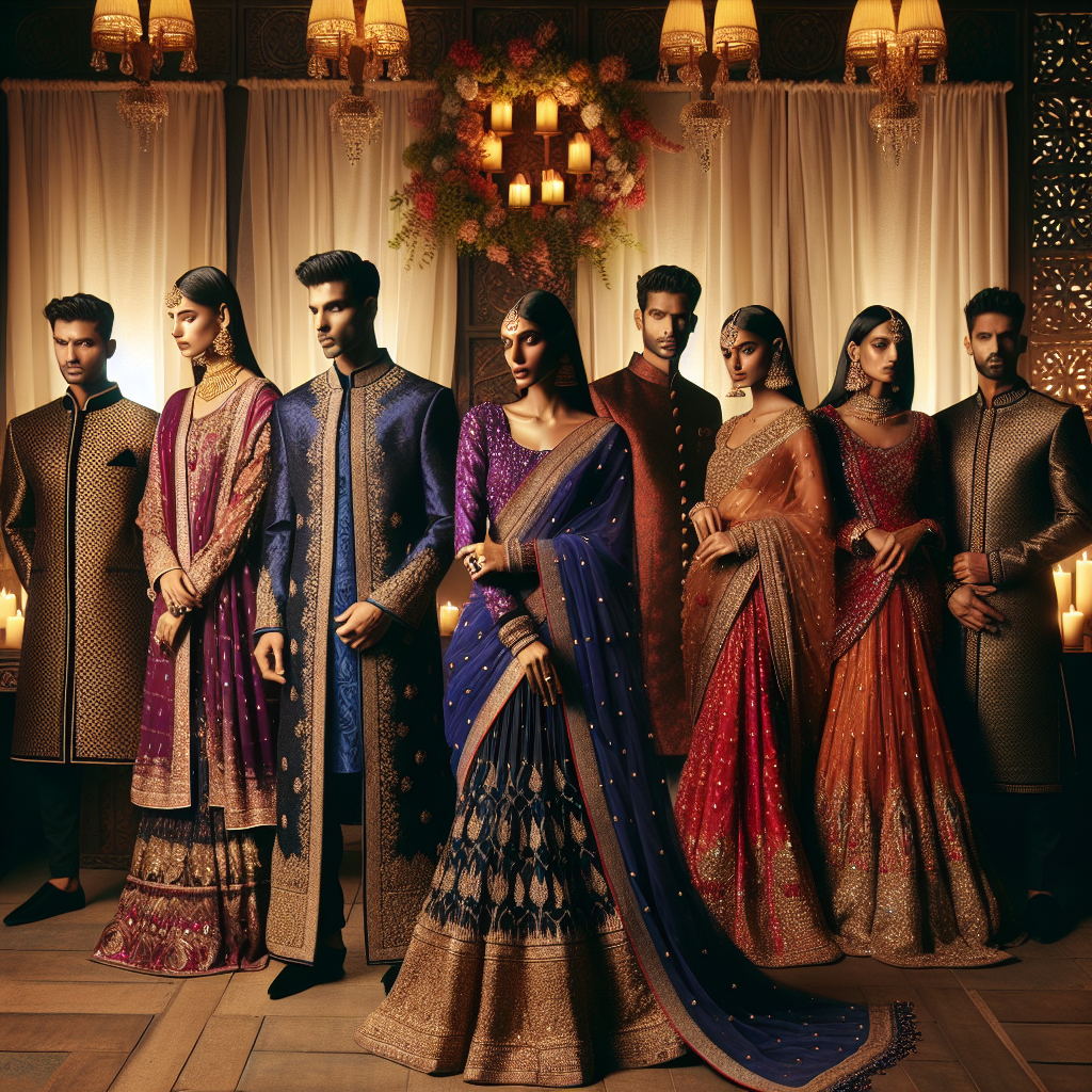 Showcase a collection of stunning outfits suitable for an Indian engagement party. Include an array of traditional Indian garments, such as sarees for women, and sherwanis for men, portrayed in an array of vibrant colors like royal blues, deep reds, plush purples, and radiant golds. Let some outfits shine with intricate gold embroidery detailing and sequins, symbolizing elegance and celebration. Decorate the scene with ambient lighting and classic Indian decor elements. Ensure the individuals wearing these clothes vary in descent from Caucasian, Hispanic, Black, Middle-Eastern, and South Asian and display various genders as well.