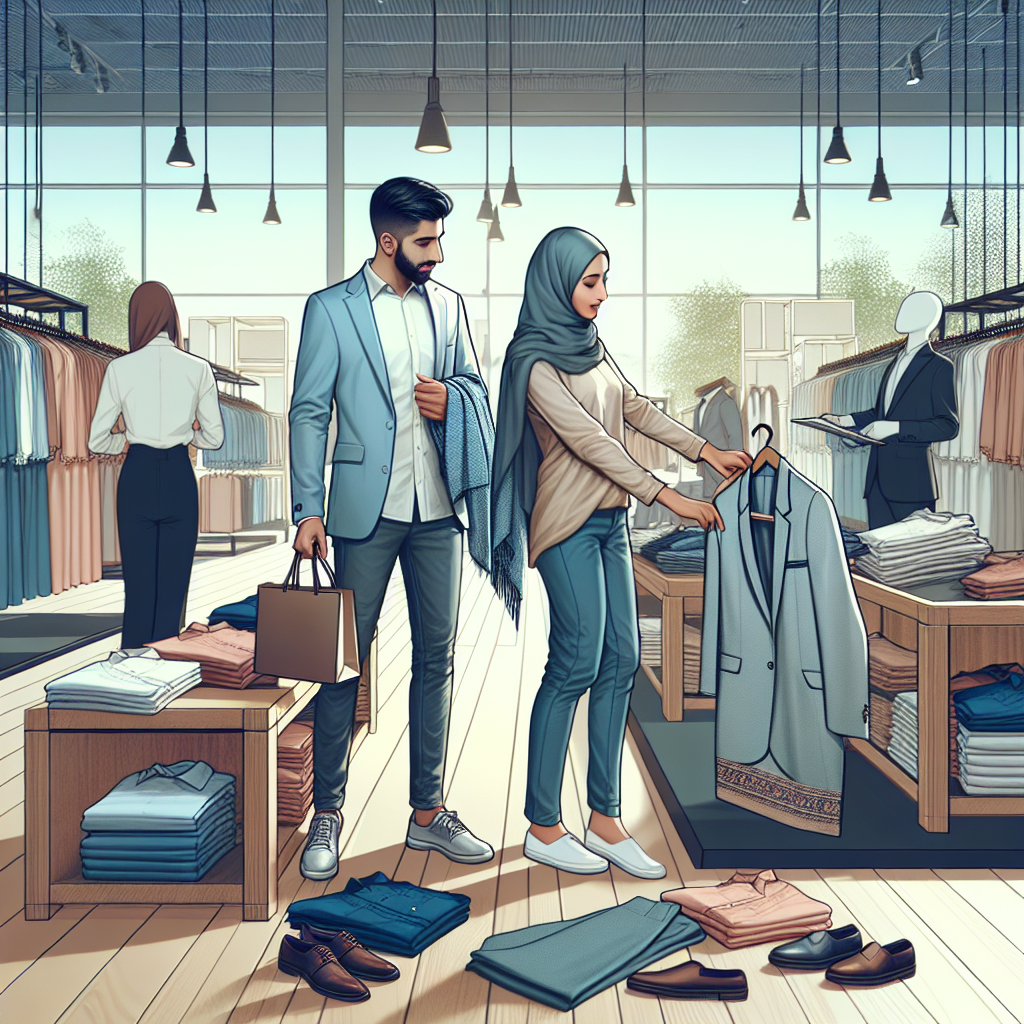 Visualize a scene of a busy shopping scenario where two people are picking up casual attire suitable for a job interview. Picture a Middle-Eastern male reaching out for a neatly folded light blue blazer and a South Asian female examining a pair of grey slacks. Include a variety of attire options such as shirts, trousers, skirts, footwear and accessories being displayed in the background to provide context. The ambiance is relaxed but enthusiastic, reflecting the vivacity of selecting the perfect outfit for a positive impression.