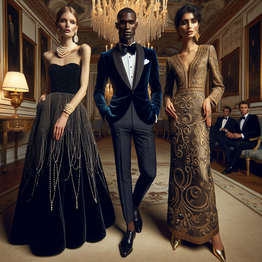 An elegant scene at a grand ball featuring three individuals showcasing their stunning outfits. The first person, a Caucasian lady, is wearing a chic black velvet gown adorned with pearls, matching her pearl necklace and earrings. The second person, a Black man, is debonair in his tailored navy blue tuxedo, paired with a bright bow tie and polished black shoes. Lastly, a Middle-Eastern woman is effortlessly elegant in a golden embroidered dress, accentuated by her matching golden high heels. The ballroom itself is resplendent, lit by a shimmering chandelier and decorated with tasteful artwork.