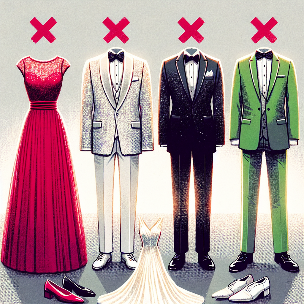 Create a detailed and thoughtful illustration for an informative article about wedding guest etiquette. The main focus of the image should be on a variety of fashion ensembles laid out, clearly indicating's inappropriate for a wedding. Display a bright red dress, a sparkling white suit, a deep black mourning dress, and a neon green suit. Near each outfit, indicate with a large 'X' or similar symbol that these are not viewed as suitable for weddings. The background should be soft and neutral to ensure the outfits stand out prominently.
