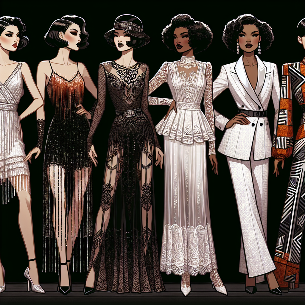 Stunning Broadway Show Outfits for Every Woman Envision an array of stunning Broadway show styles perfectly tailored for women. From left to right, an Asian woman dons a fitting 1920s flapper dress adorned with sequins. Next to her, a Black woman models a 1890s dramatic gown with lace and silk. A Hispanic woman shows off a chic 1960s mod dress with geometric patterns. Lastly, a Caucasian woman captures attention in a bold 1980s power suit. Each woman confidently shares the spotlight, their unique outfits capturing the spirit and era of different Broadway shows.