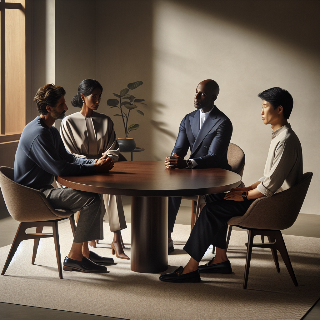 Must-Have Styles for Divorce Mediation Success A tranquil scene of a modern mediation room with soft yet ample lighting. In the center is a large round table, made from robust dark wood, surrounded by five comfortable chairs. Three people are gathered around the table, engaged in a calm discussion. One is a middle-eastern male mediator, dressed in a business casual attire, wearing muted colors and comfortable loafers, actively facilitating the dialogue. Next to him, a black woman wearing a confident and elegant power suit in navy, with tasteful accessories. Opposite her, an Asian man dressed in a light-colored shirt and black trousers, simultaneously appearing approachable and assertive.