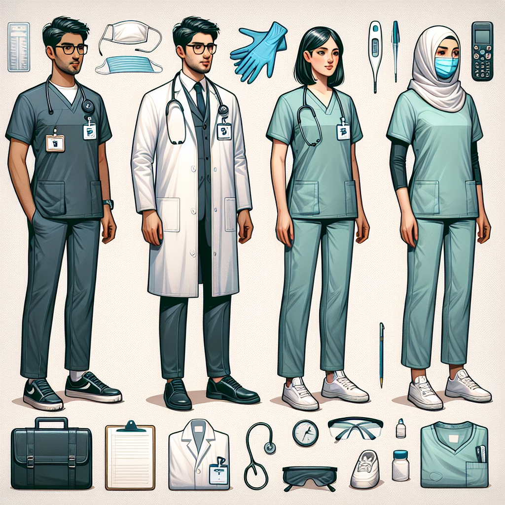 Must-Have Outfits for Hospital Job Shadowing Imagine a set of must-have outfits for hospital job shadowing depicted all together. In one corner, visualize a South Asian male figure wearing neat, professional scrubs with a clip-on ID badge. Beside him, envision a Caucasian female in a whitish lab coat, comfortable shoes, goggles, and latex gloves. Next, depict a Hispanic male radiologist wearing a lead gown for x-ray procedures. Lastly, picture a Middle-Eastern female with a headscarf in a sharp business casual attire suitable for administrative roles in healthcare. Also, litter around some essential accessories such as a stethoscope, digital Thermometer, and notepads.