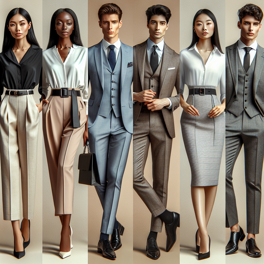 An array of captivating outfits appropriate for job fairs that stand out as both professional and stylish. On the left is a Black woman adorning a sharp, high-waisted trouser suit in a chic, beige color. Beside her is a Middle-Eastern man wearing a trendy dark blue business attire matched with a silk tie. Further right is an Asian woman looking confident in a modest, pastel pencil skirt combined with a crisp, white shirt. Lastly, a Hispanic man showcasing a polished, grey three-piece suit. Each individual is poised and stylishly groomed, reflecting a perfect balance of authenticity and professionalism.