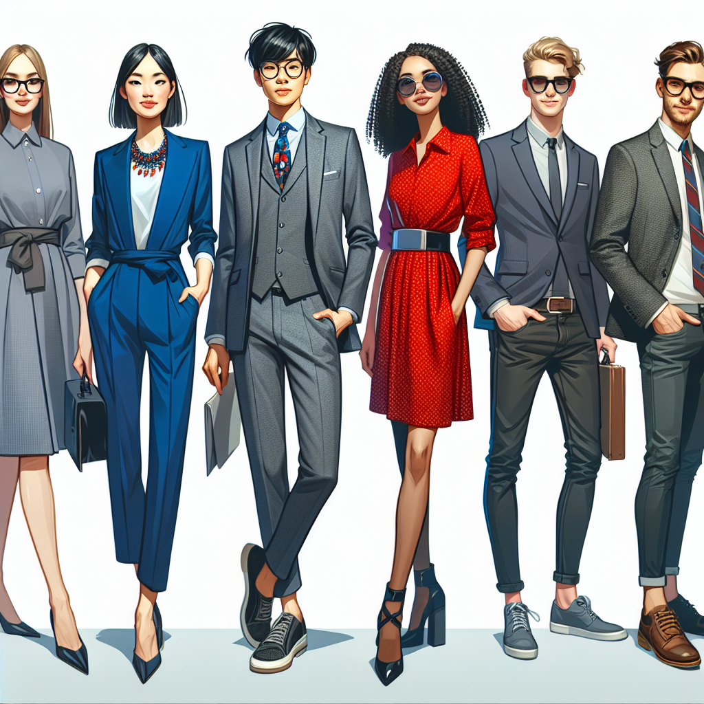 Stunning Outfits for Networking Events: Effortless Style! Imagine an upscale, modern networking event. The room is filled with people of various professions and ages. A female executive of Asian descent stands out, donning a sleek deep blue pantsuit, paired with a statement necklace. Contrastingly, a young middle-eastern entrepreneur shows off his contemporary style in a grey tailored suit and quirky tie. Near them, a Black female artist exudes confidence in a vibrant red dress with chic black heels. Lastly, a Caucasian male software developer in a smart-casual look - a charcoal blazer, jeans and stylish glasses - adds a touch of relaxed cool.