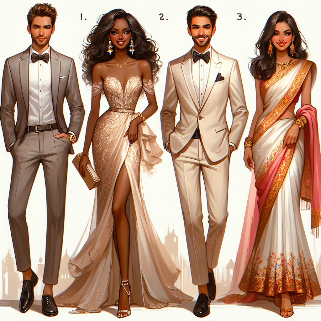 Generate an image that displays a collection of stunning outfits for 'plus-one' wedding guests. The setting is a luxurious wedding, and the outfits should depict effortless style. The image should include four different outfits for four different individuals. One outfit is for a confident white male, with a classic yet trendy suit. The second outfit is for a radiant Black female, with a gorgeous, flowy dress. The third outfit is for an elegant Hispanic male, showcasing a fashionable tuxedo. The final outfit is for a cheerful South Asian female, donning a fashionable sari. All should demonstrate a high level of sophistication and charm.