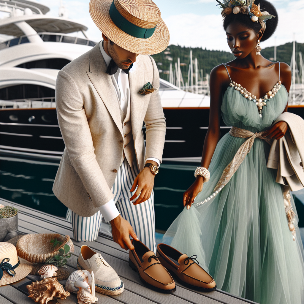 Stunning Boat Outfits: Dress Effortlessly for Weddings Picture a scene at a luxurious dock. Nearby, there are two individuals getting ready for a wedding party. The first person is a South Asian man elegantly dressed in a linen suit, a straw boater hat tilted just so, and a smart silk cravat. He's choosing between a pair of polished tan loafers and a pair of nautical striped espadrilles. The second person is a black woman splendidly dressed in a flowing chiffon sea-green dress adorned with shells, a headband made of pearls, and a pair of chic, comfortable flat sandals suited for a dock or yacht deck. A luxurious yacht, decorated for the wedding, is seen in the background.