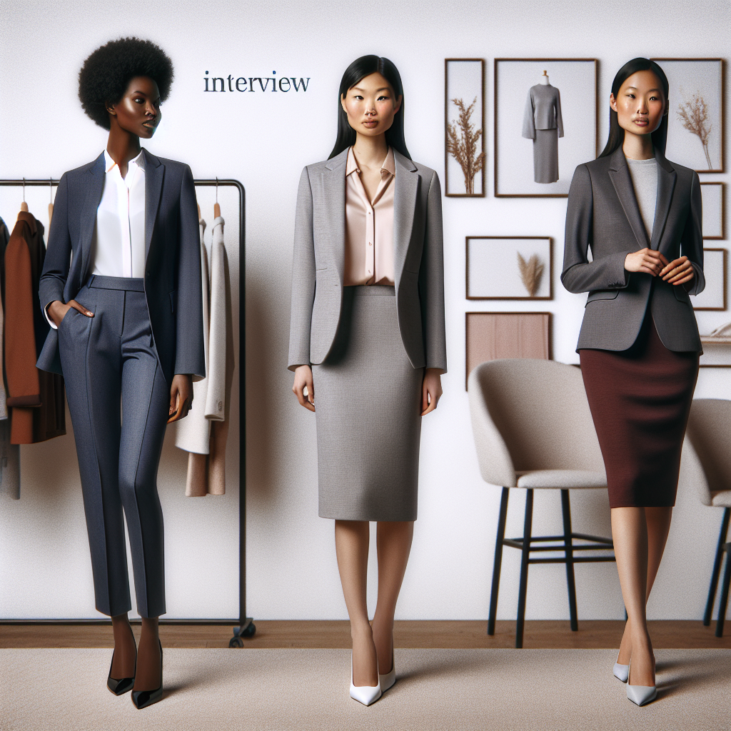 A collection of must-have interview outfits for women of all backgrounds. On the left, a black woman in a classic, well-tailored pantsuit in navy blue with a crisp, white blouse. In the middle, an Asian woman dressed in a knee-length grey pencil skirt paired with a light pastel blouse and matching grey blazer. On the right, a Hispanic woman showcasing a polished business-casual dress in maroon. The backdrop is a minimalist boutique-like setting with racks of various work-appropriate clothing.