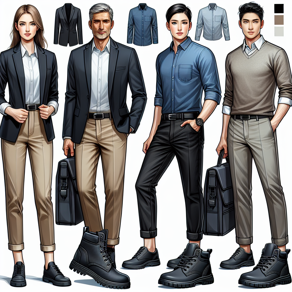Imagine a variety of stylish yet practical outfits suitable for a warehouse interview scenario. Picture a young Caucasian woman wearing a chic dark-colored blazer with a semi-formal shirt, neatly pressed khaki pants, and safety-toe shoes with a fashionable twist. Next, visualize a middle-aged Hispanic man, adorning a crisp blue-collar shirt, clean jeans, and smart-looking work boots. Finally, depict a South Asian man in his early thirties, with a casual grey V-neck sweater, a light-colored button-up shirt underneath, black slacks, and a pair of black leather safety shoes. All are ready to make an exceptional impression on their potential employers.