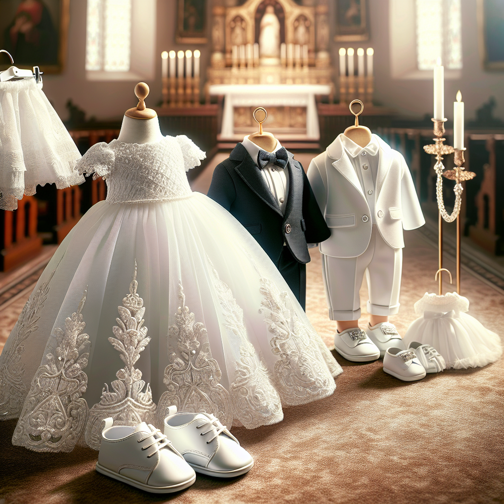 Imagine a detailed scene with a collection of attire suitable for a christening ceremony. In the forefront, there's a beautiful, intricately-designed white gown, ideal for a Caucasian baby girl. Next to it, a charming tiny suit for a Hispanic baby boy, complete with a bow tie and shiny shoes. The scene also includes two more elegant outfits, one serving as an option for a Black baby boy, featuring an adorable white frock, and a lace-covered dress for a South Asian baby girl. The background could hint at a serene, church-like ambiance.
