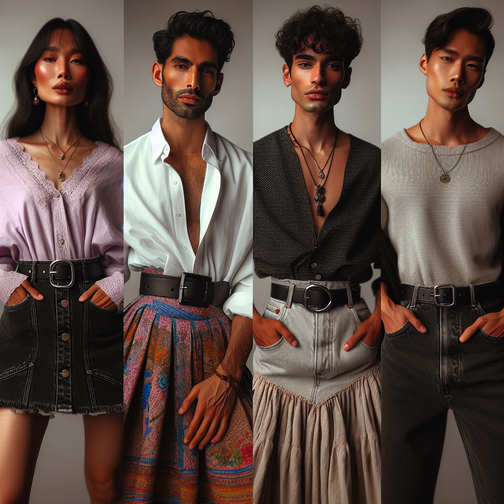 A visual interpretation portraying a selection of stunning outfits that pair excellently with black denim skirts. Four diverse racial identities can be seen, a South Asian woman, a Hispanic man, a Middle-Eastern woman, and a Caucasian man. The Asian woman is wearing a soft lavender blouse with her denim skirt, the Hispanic man is embracing genderfluid fashion with a high-fashion white collared shirt, the Middle-Eastern woman dons a vibrant patterned shawl, and the man rocks a casual grey t-shirt. The focus remains on the exquisite fashion. Picture should fall under a fashion magazine aesthetics category.