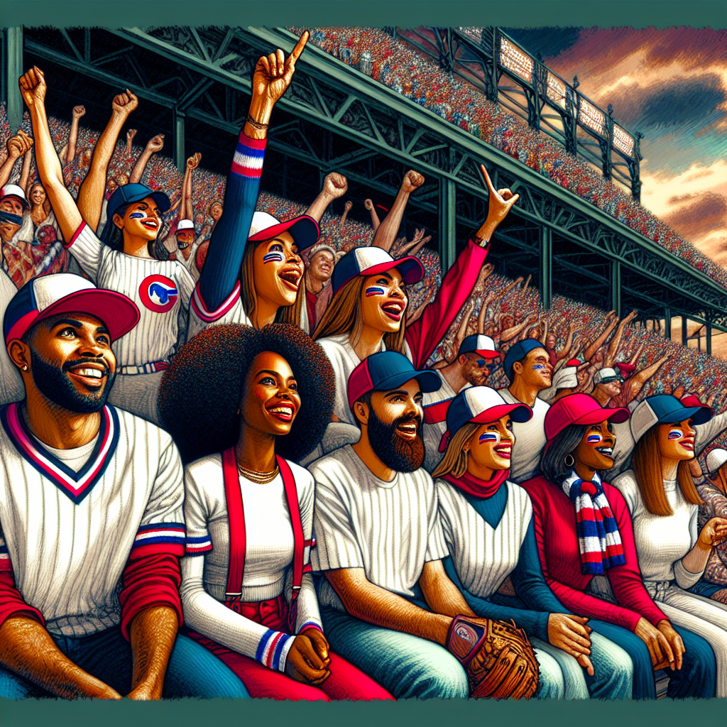 Stunning Outfits for Red Sox Games: Show-Stopping Style Create a vibrant scene at a baseball stadium, each fan dressed in creatively fashionable attire in the color combination of red, white and navy blue, which are the colors of a well-known baseball team. Make sure each outfit is visually striking, well-coordinated, and reflects a love for baseball. Include various elements such as caps, jerseys, scarfs. People in the crowd should be equally diverse including a black woman with curly hair, a Hispanic man with a beard and a white woman with a ponytail, all cheering enthusiastically for their team. Carefully detail the background of a bustling stadium to establish the setting.