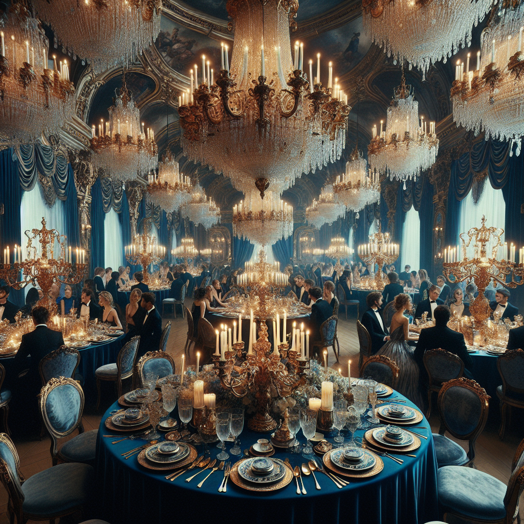 Stunning Banquet Styles: Effortless Elegance Awaits Picture an opulent banquet room filled with elegant round tables draped in rich, royal blue tablecloths. Upon the tables, gold ornate candelabras flicker with warm candlelight, casting a romantic glow on the crystal cutlery, delicate porcelain plates, and polished gold trims. At the center of the room, a grand chandelier in baroque style, with intricate detailing and a multitude of sparkling crystals, holds the high gaze. A diverse mix of guests, men in sleek black suits and women in flowy, satin gowns of various colors, engage in light-hearted conversations, their joyous laughter filling the air. The banquet exudes an atmosphere of effortless elegance and stunning beauty.