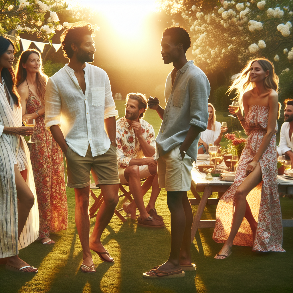 Visualize a cozy summer garden party in the golden afternoon sunlight. Capture a diverse crowd of party-goers, each showcasing their unique, effortless summer style. A Middle-Eastern woman is wearing a floral kaftan; a black man is dressed in a white linen shirt and khaki shorts; a South Asian woman has chosen a vibrant maxidress. In the foreground, a Caucasian man in a relaxed chambray shirt and denim shorts is chatting with a Hispanic woman in a stylish sundress. Around them, the air is filled with the scent of blossoms and sounds of soft laughter, narrating stories of the perfect summer day.
