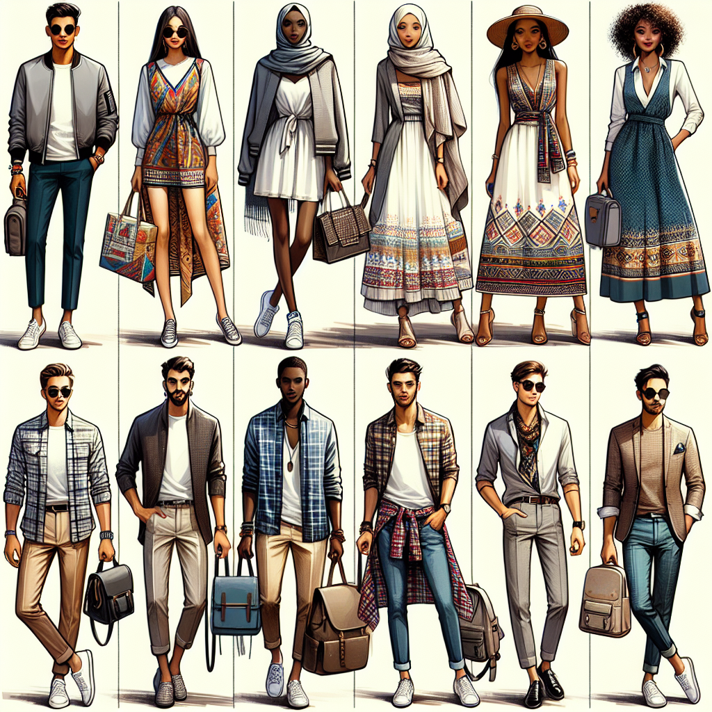 Stunning Outfits for Your College Tour: Find Your Style! A collection of fabulous outfits suitable for college tours on display. These include a grayscale bomber jacket paired with a colorful scarf worn by a Middle-Eastern man, an elegant sundress adorned with geometric patterns sported by a Black woman, and a stylish flannel shirt layered over a graphic T-shirt modelled by a Hispanic woman. Also in the scene, a Caucasian man is seen sporting smart-casual wear, featuring a neatly tucked-in white shirt and well-fitted blue jeans accompanied by a pair of fashionable sneakers. All outfits are complemented by chic accessories like sunglasses, bracelets, and backpacks.