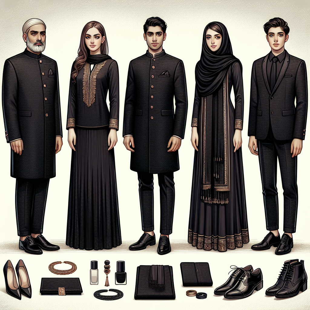 What to Wear to a Funeral: Elegant, Respectful Choices Imagine an array of respectful clothing arrangements suitable for a solemn occasion like funeral. An older South Asian man is seen in a well-tailored black sherwani, a young Caucasian woman wearing a modest black dress paired with a shawl, a Middle-Eastern woman in a somber black abaya, and a Hispanic teenager boy in a classic black suit. A display of polished shoes, elegant accessories, and dark-colored handkerchiefs are also included to add to the respectful appearance. The background should be neutral to keep the focus on the outfits.