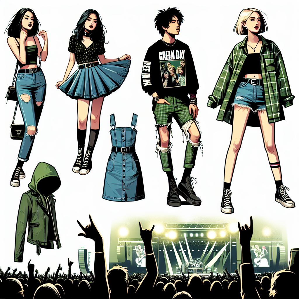 Depict a variety of fashionable outfits perfect for a Green Day concert. Show a South Asian woman wearing a denim skirt combined with a vintage band T-shirt and black boots. Include a Middle-Eastern man in distressed jeans and a Green Day hoodie. Add a Caucasian woman wearing a mini denim skirt with a plaid flannel shirt. For context, all around them, show hints of a live concert setting such as stage lights, crowd, etc. Make sure to capture the energetic and fun atmosphere at the Green Day rock concert.