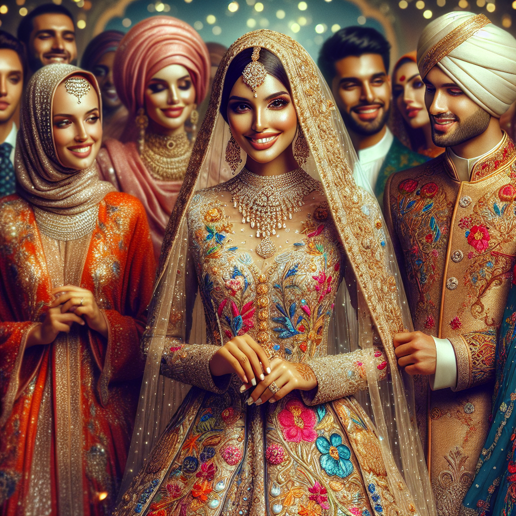 Picture a scene of a joyful Muslim wedding. To the center, a South Asian bride in a vibrant-hued wedding dress, adorned with intricate golden threadwork and sparkling gems, her veil adding an aura of mystique. To her side, a Hispanic groom in an elegant traditional sherwani, richly embroidered, radiating regality. Additional guests surround them, each notably swathed in chic and elegant attire, from flowing silhouettes of abayas to the more structured lines of kurta pajamas, each outfit with its unique color and intricate design standing out. This vision radiates beauty, culture, and effortless elegance.
