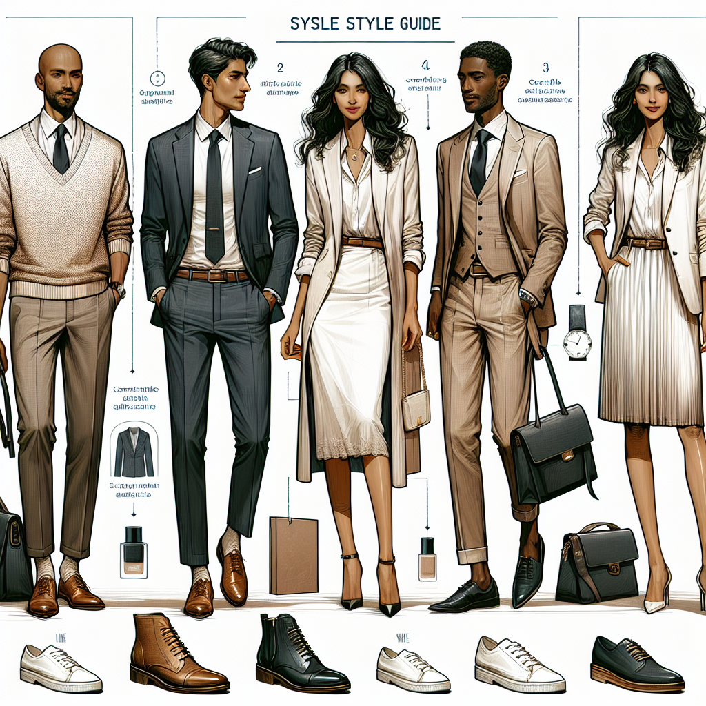 Conference Style Guide: Effortless Must-Have Looks A comprehensive style guide for a professional conference. This guide includes detailed depictions of three must-have looks for attendees that fuse comfort and style. The first look is a casual business attire featuring a sharp blazer and comfortable trousers worn by a South Asian man. The second look is an elegant outfit featuring a chic dress worn by a Caucasian woman. The third look showcases comfortable yet stylish footwear suitable for long hours, as demonstrated by a Black woman. Each look is accompanied by matching accessories that enhance the overall outfit.