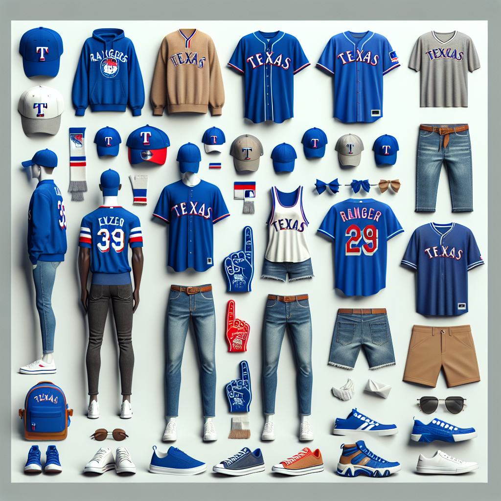 Stunning Outfits for Your Rangers Game Day! A wide variety of sports fan outfits specifically designed for Rangers game day view. The collection includes numerous items such as team-logo embroidered baseball caps in blue and white, casual jerseys with team numbers, and comfortable shorts or jeans. Additionally, there are vibrant scarves and foam fingers in team colors for those looking to amp up their spirit. Footwear such as sneakers and sandals comfortable for a long day at the stadium, completes the ensemble. Display these outfits on a range of gender-diverse models from various descents including Caucasian, Hispanic, Black, Middle-Eastern, and South Asian.