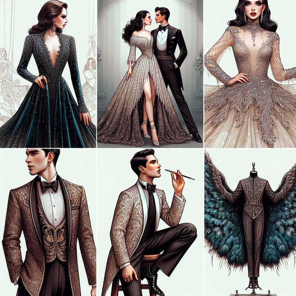 Create a detailed and elegant collage showcasing different outfits designed for Broadway performances. There should be a range of ensembles, each unique and stunning in its own right. Feature a glamorously dressed female actor of Middle-Eastern descent in a luxurious velvet gown dripping with sequins, a male actor of South Asian descent in a bespoke tuxedo adorned with intricate embroidery, and a gender-neutral actor of Hispanic descent in a dramatically feathered costume. These outfits should exude a sense of effortless chic and glamour, embodying the spirit of Broadway.