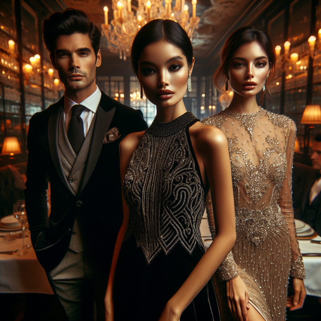 Captivating scene at a high-end restaurant. Center frame, a South Asian woman exudes elegance as she wears a black velvet evening gown, her hair styled in a sleek updo. To her left, a Hispanic man looks dapper in a dark suit with a silk pocket square, his hair neatly combed back. On her right, a Middle Eastern woman stands tall in an intricately beaded, champagne-coloured floor-length dress, her hair cascading down in loose waves. The ambiance of the space has a classy feel with dimly lit chandeliers and tables adorned with fine china and crystal glassware.