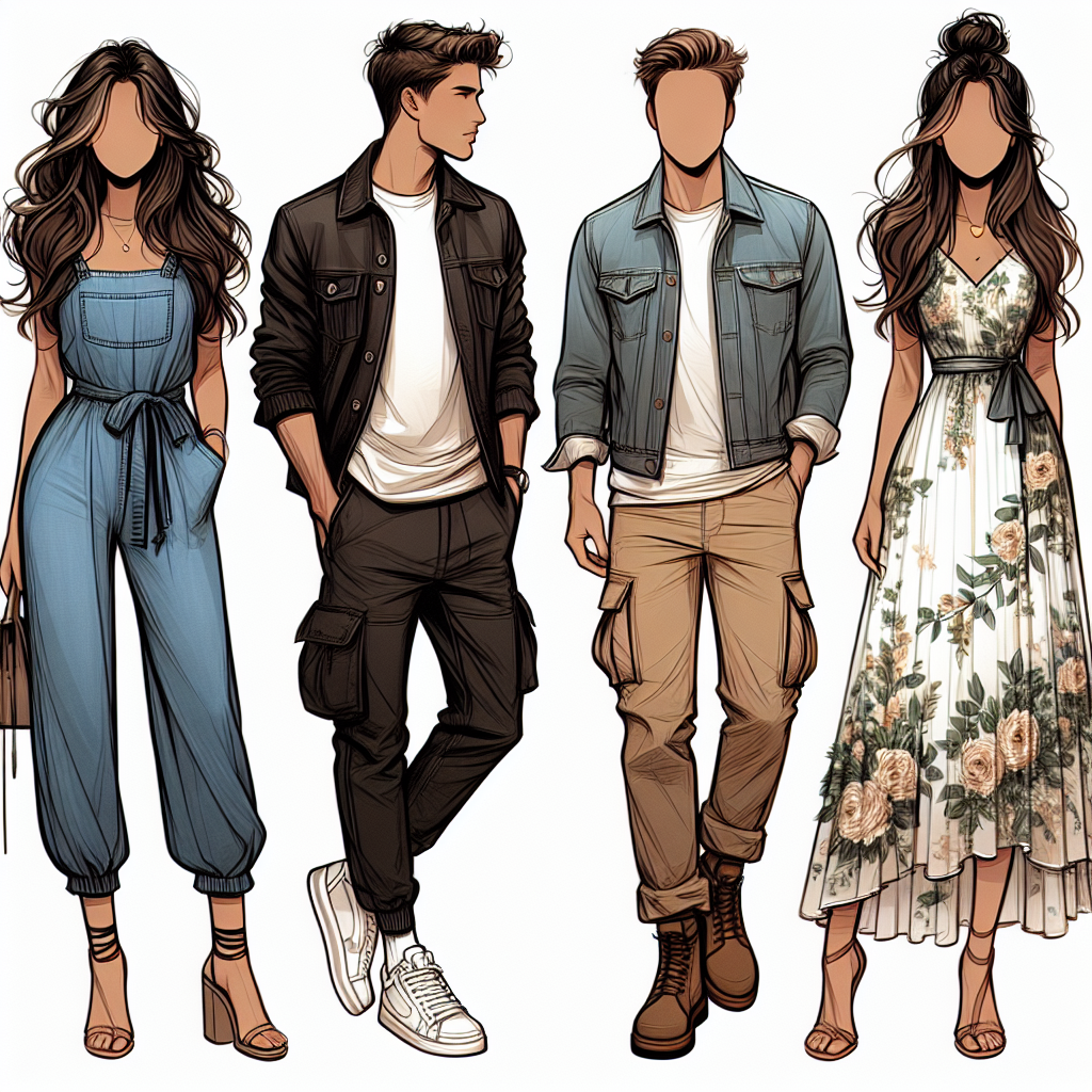 Imagine a variety of casual date outfits that could impress anybody. The first outfit is a sleek denim jumpsuit worn by a Middle-Eastern woman with wavy hair, combined with a pair of stylish sneakers. The second one is a hip black leather jacket on a White man, paired with khaki cargo pants and comfortable brown boots. The last outfit is an elegant floral summer dress worn by a South Asian woman, she has tied her hair in a messy bun and has a pair of chic sandals. These outfits embody a casual yet exciting and trendy vibe.