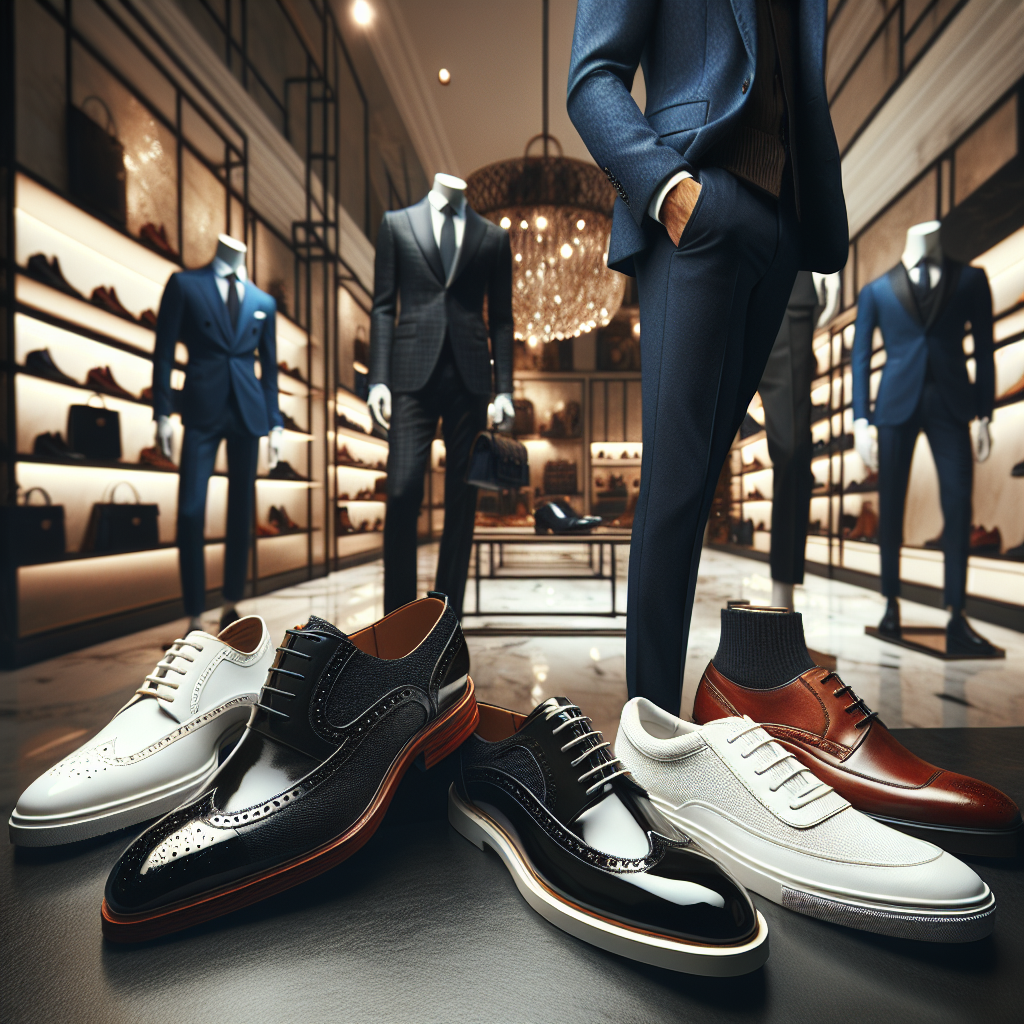 Create an image that represents a striking coordination of must-have footwear with a navy suit. Showcase a selection of shoes ranging from glossy black loafers, rich brown brogues to sleek white sneakers, all elegantly paired with a well-fitted navy suit. Please depict this against a backdrop featuring a luxurious, contemporary men's fashion store, with a hint of natural lighting illuminating the scene. Emphasize on the high-quality material of the shoes, the intricate detailing, and the fashionable designs that make each pair exclusive. Remember to highlight the versatility of the navy suit, which can transform with different choices of footwear.