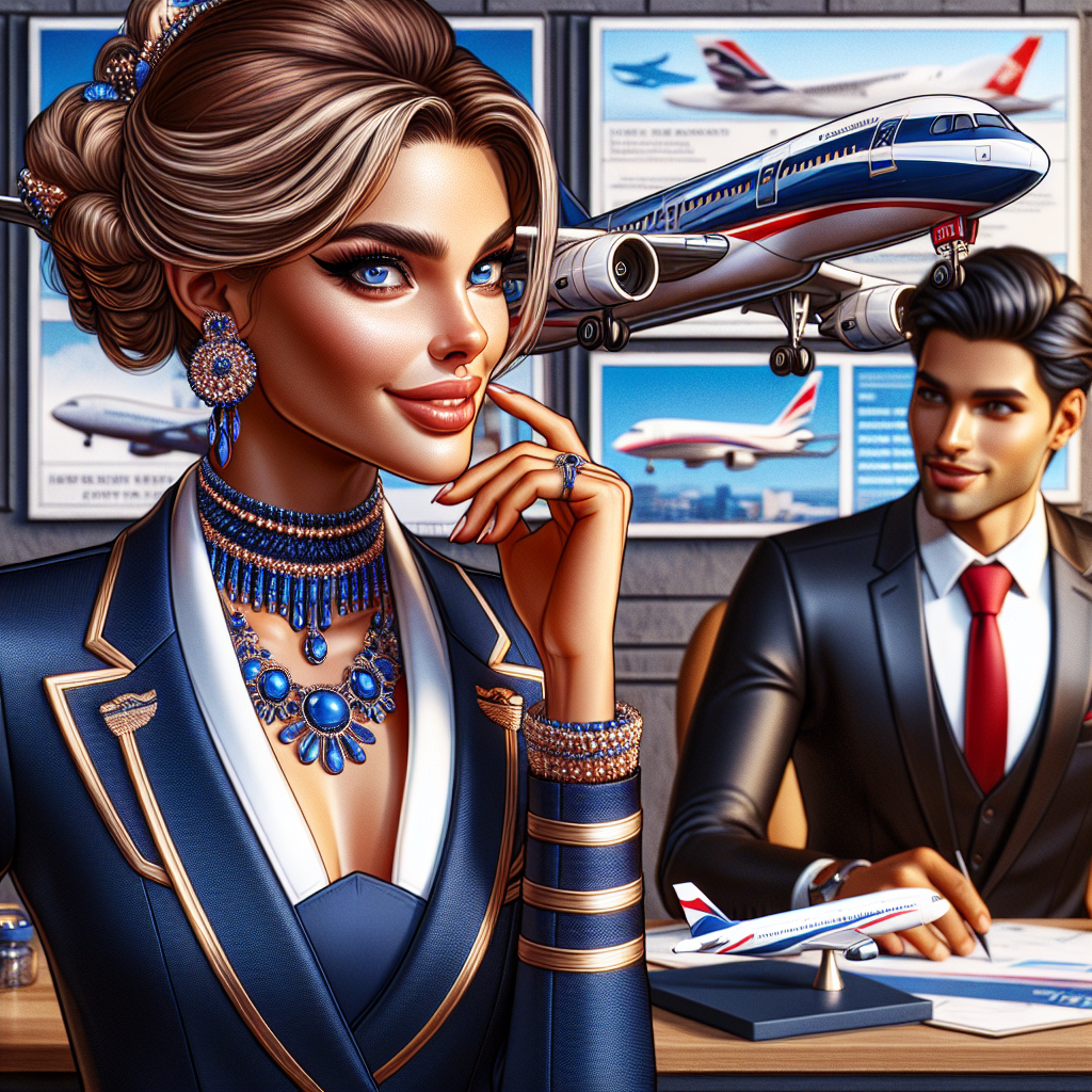 Flight Attendant Style: Stunning Interview Outfits Revealed A detailed and vibrant scene from an airline job interview. Protagonists include a Caucasian female flight attendant in an elegant navy blue suit with stylish accessories, and a South Asian male recruiter professionally dressed in a sleek black suit with a red tie. The backdrop includes a jet plane model on a desk, and a poster demonstrating flight safety tips on the wall. The interview is in full swing, with both parties engaged in a professional, respectful conversation. The focus is on the flight attendant's radiant confidence and her stunningly unique uniform.